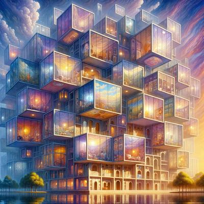 The primary subject of the image is a large, multi-story building with many windows. The building is made up of many small, square windows, giving it a unique and intricate appearance. The setting is a cityscape, with the building towering over the surrounding area. The visual style of the image is digital art, as it is a detailed and intricate illustration of the building. The colors and mood of the image are vibrant and lively, with the many windows and the cityscape creating a sense of